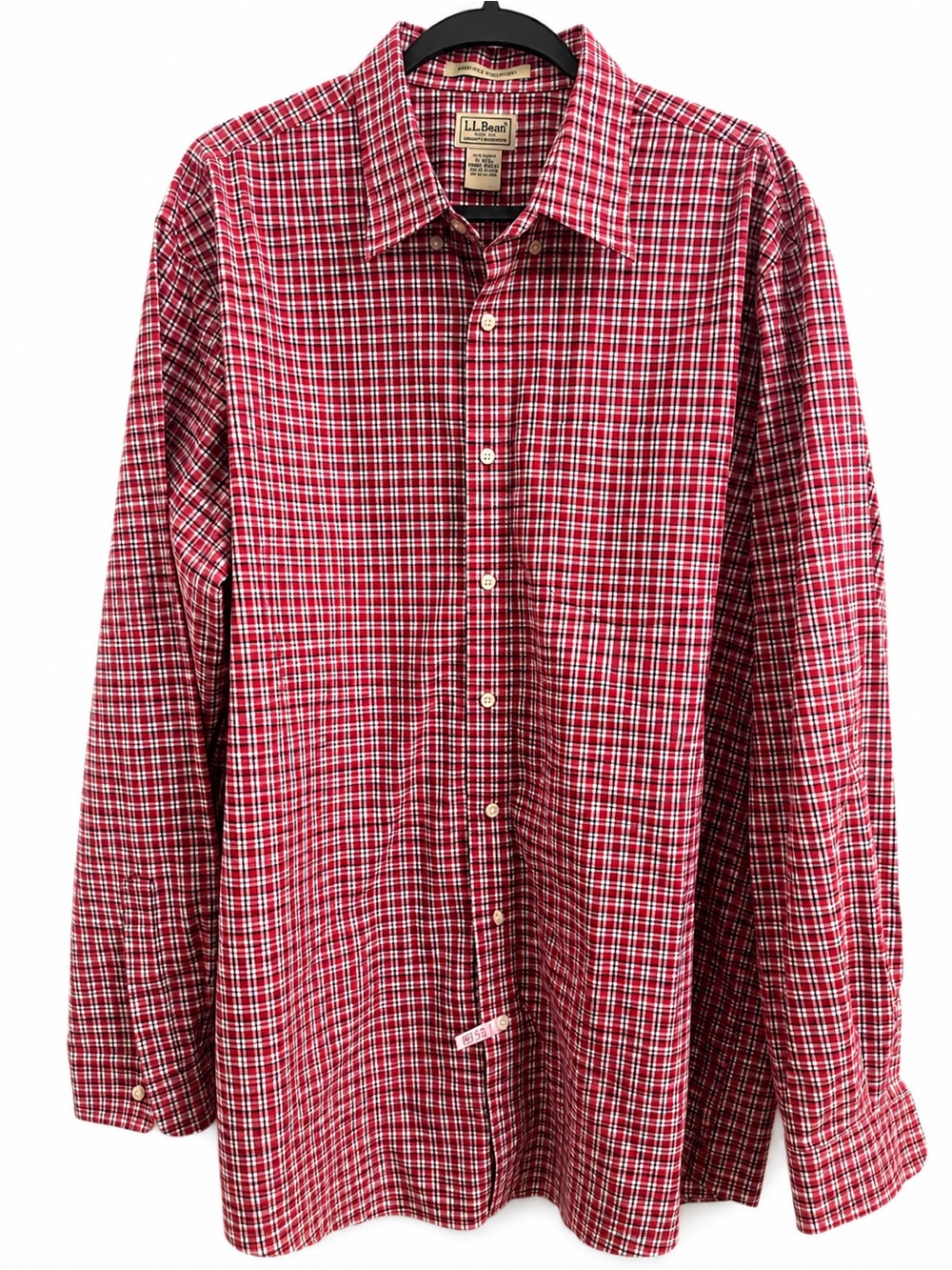 L.L.Bean Wrinkle Resistant Plaid Button Front Shirt Red White 100 Cotton XL Tall